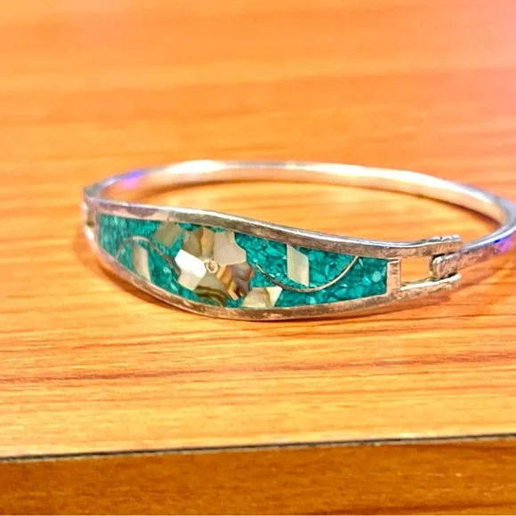 Turquoise Mexican Vintage Sterling Silver Cuff Bracelet 7” - Picture 3 of 12